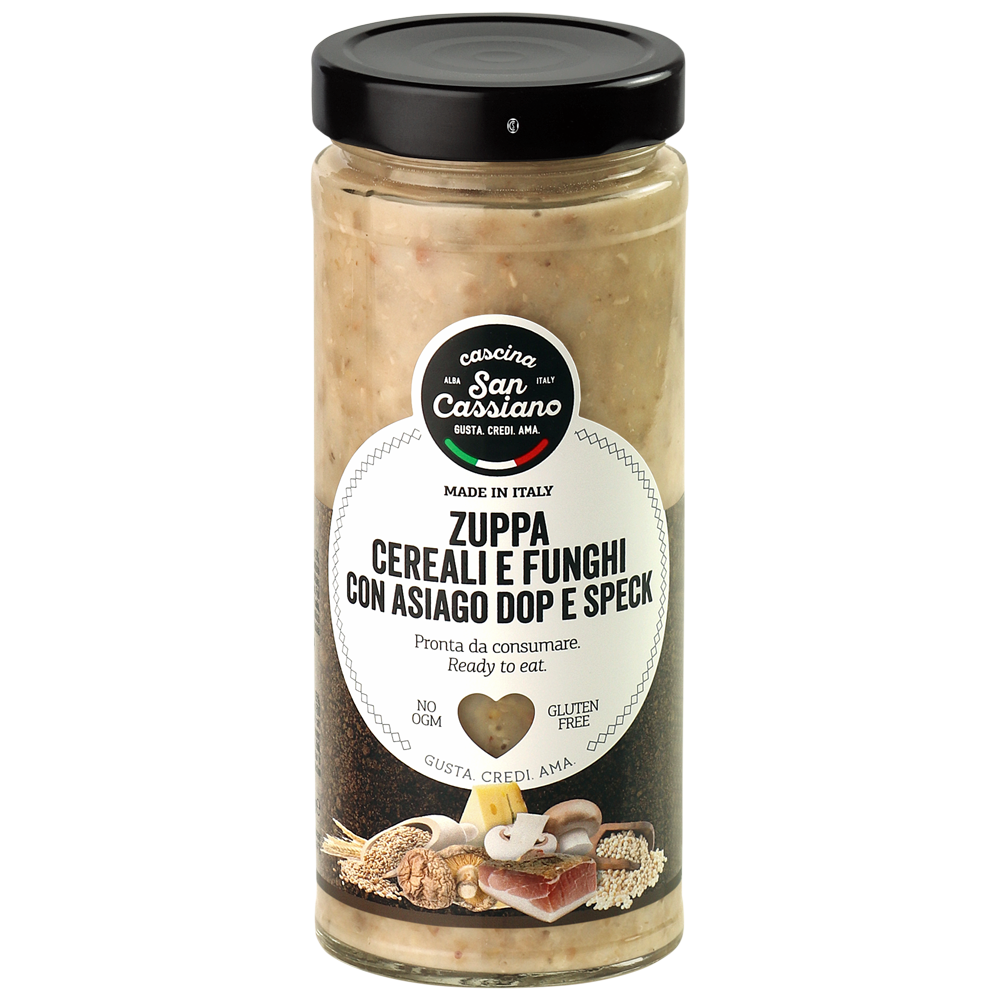 Zuppa di cereali e funghi con Asiago D.O.P. e speck